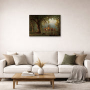 Unframed poster print of Albert Bierstadt's 'Departure of an Indian War Party' displayed on a wall in a living room