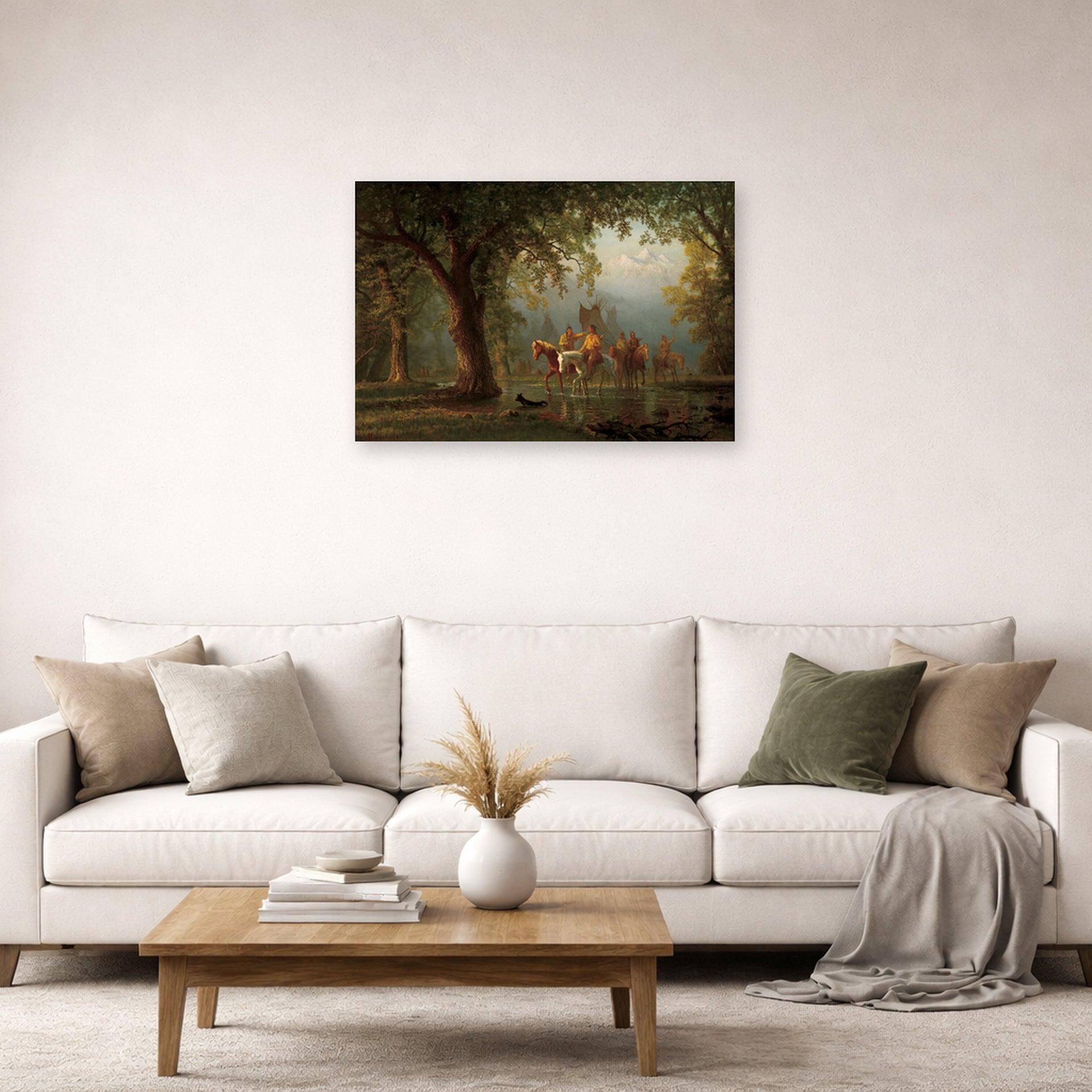 Unframed poster print of Albert Bierstadt's 'Departure of an Indian War Party' displayed on a wall in a living room