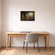 Unframed poster print of Albert Bierstadt's 'Departure of an Indian War Party' displayed on a wall in a office