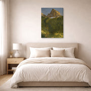 Gallery-wrapped canvas print of Albert Bierstadt's 'Estes Park, Colorado' displayed on a wall in a bedroom