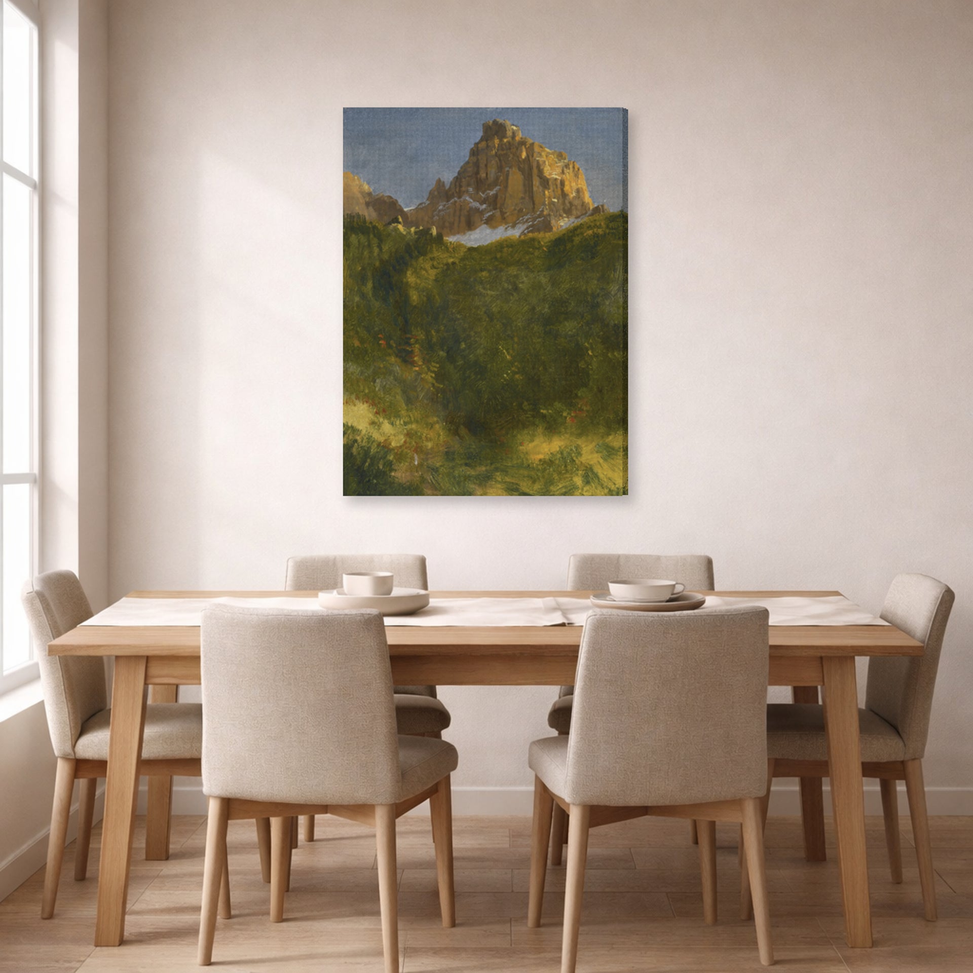 Gallery-wrapped canvas print of Albert Bierstadt's 'Estes Park, Colorado' displayed on a wall in a dining room