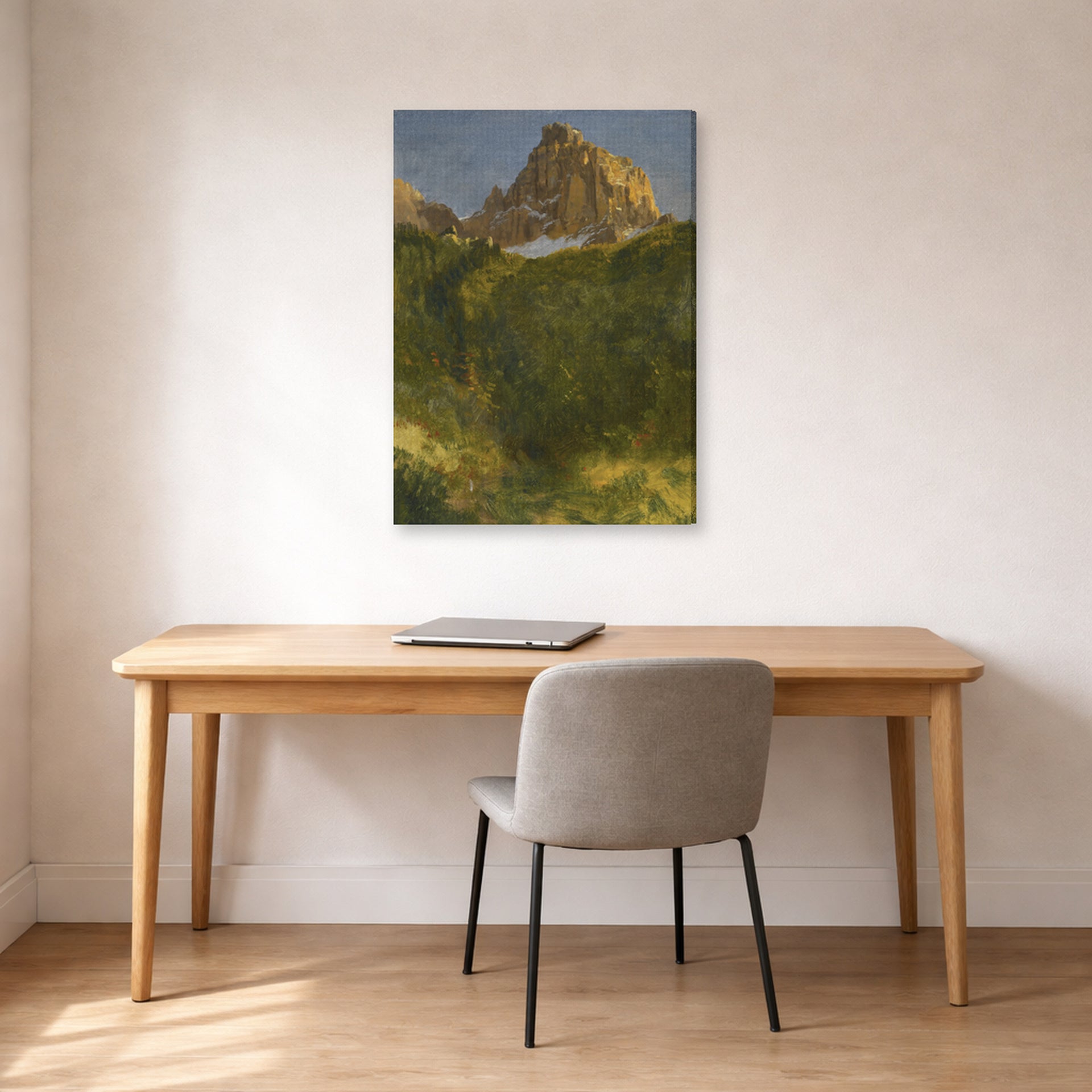 Gallery-wrapped canvas print of Albert Bierstadt's 'Estes Park, Colorado' displayed on a wall in a office