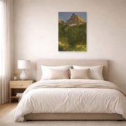 Unframed poster print of Albert Bierstadt's 'Estes Park, Colorado' displayed on a wall in a bedroom