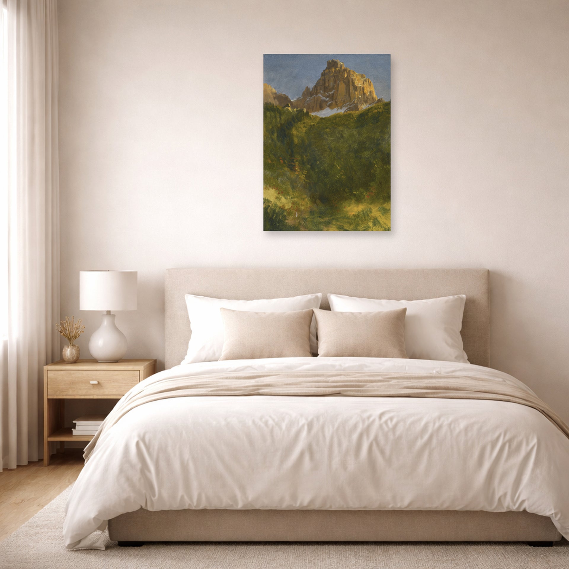 Unframed poster print of Albert Bierstadt's 'Estes Park, Colorado' displayed on a wall in a bedroom