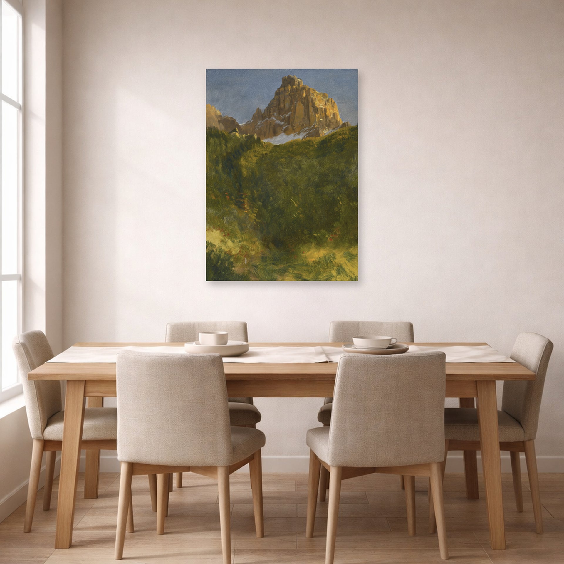 Unframed poster print of Albert Bierstadt's 'Estes Park, Colorado' displayed on a wall in a dining room
