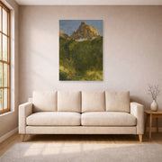 Unframed poster print of Albert Bierstadt's 'Estes Park, Colorado' displayed on a wall in a living room