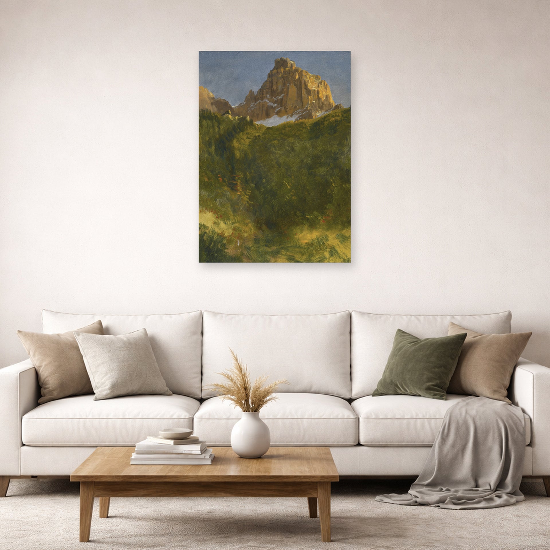 Unframed poster print of Albert Bierstadt's 'Estes Park, Colorado' displayed on a wall in a living room