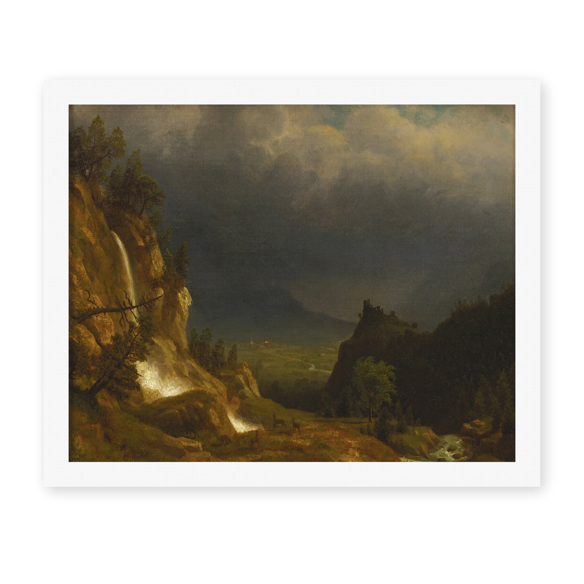 Albert Bierstadt's 'Evening In The Mountains' painting reproduced as a rolled canvas print