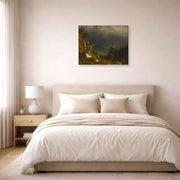 Gallery-wrapped canvas print of Albert Bierstadt's 'Evening In The Mountains' displayed on a wall in a bedroom