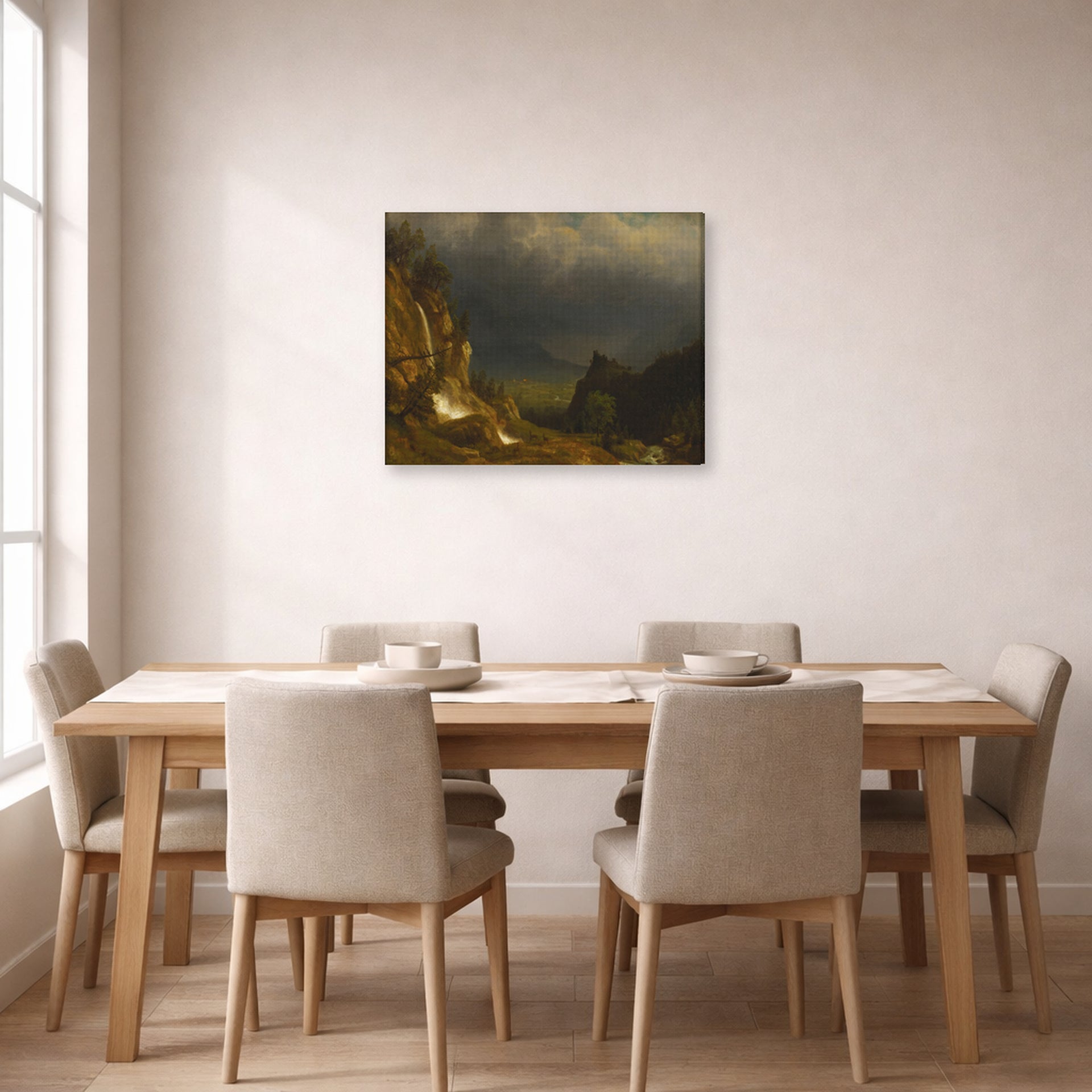 Gallery-wrapped canvas print of Albert Bierstadt's 'Evening In The Mountains' displayed on a wall in a dining room