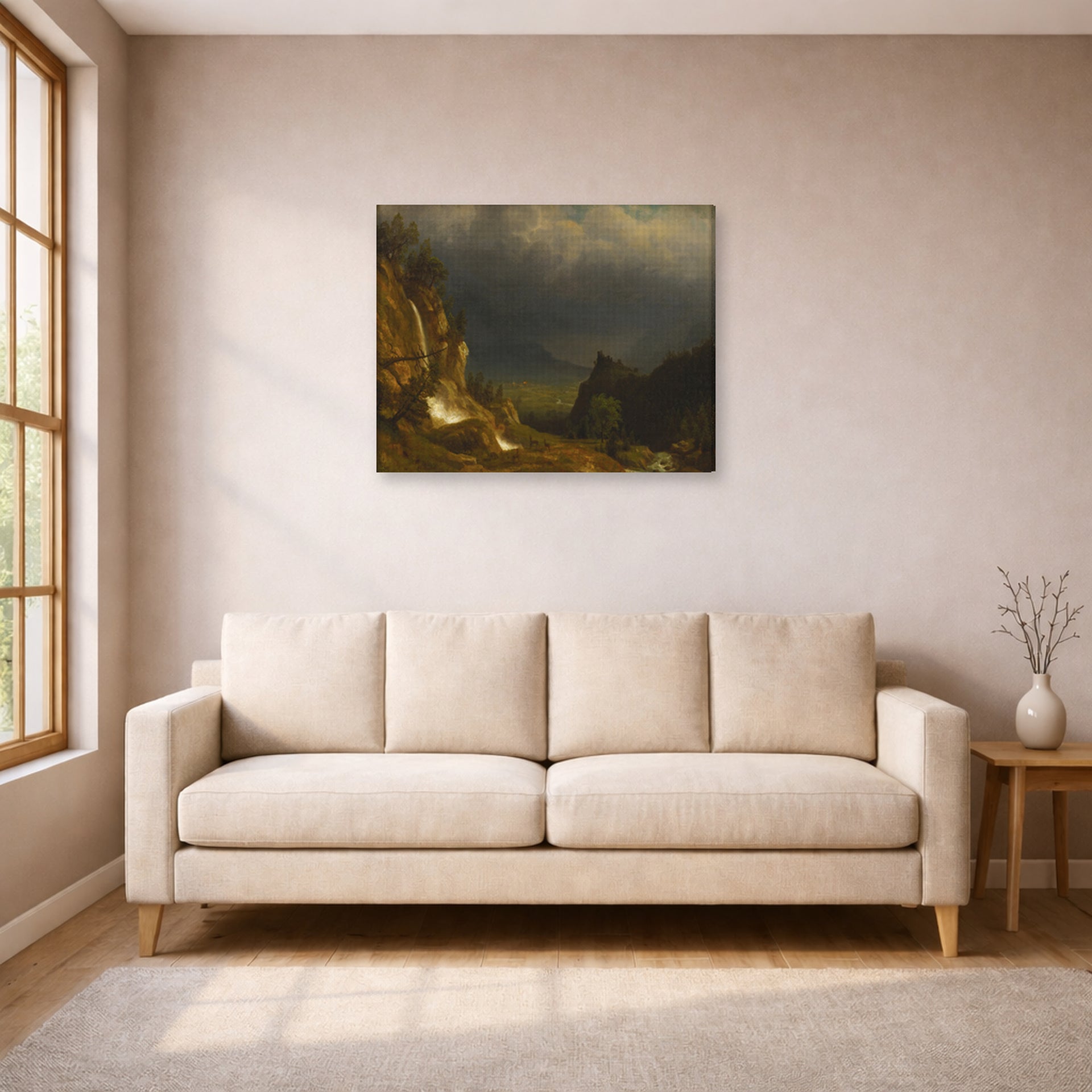 Gallery-wrapped canvas print of Albert Bierstadt's 'Evening In The Mountains' displayed on a wall in a living room