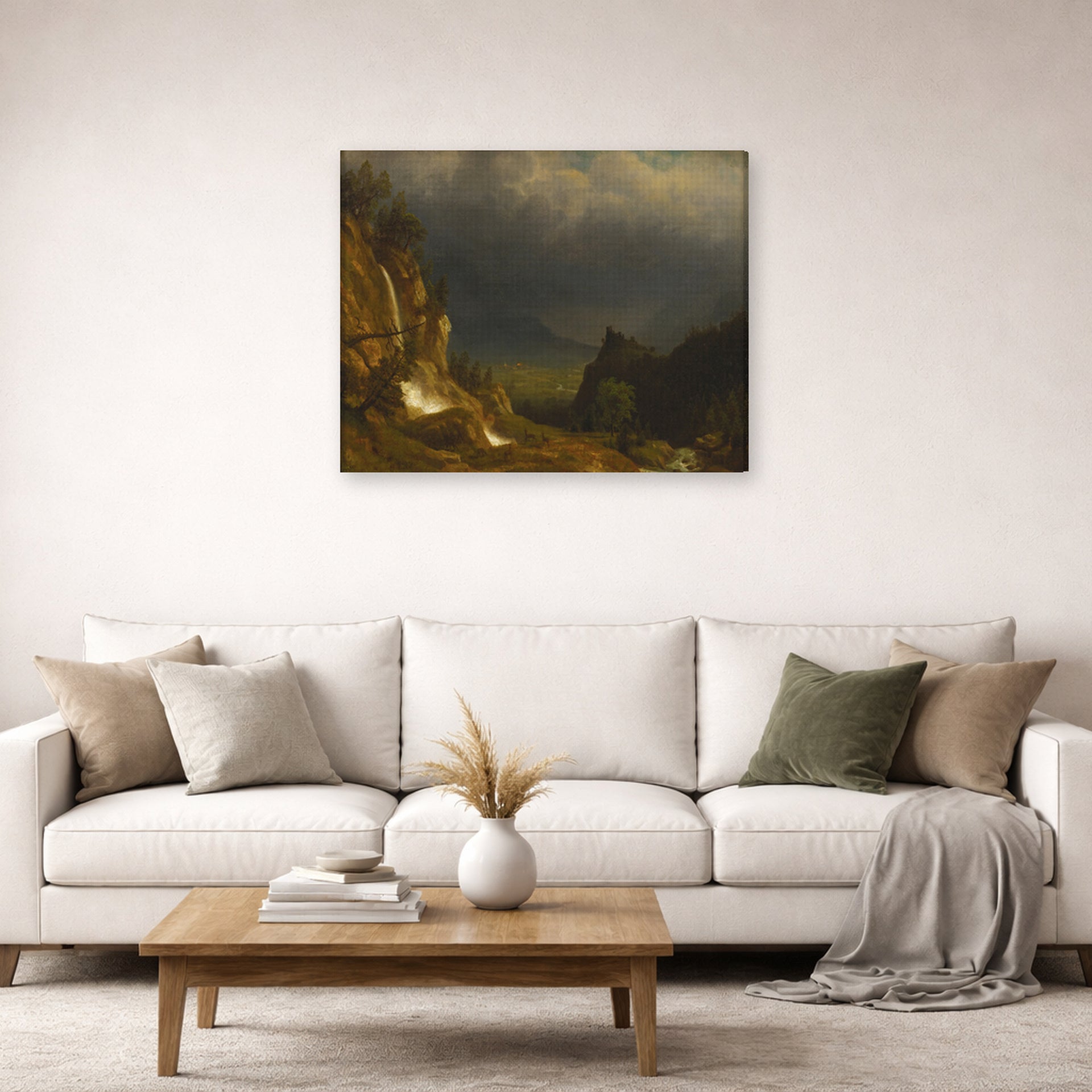 Gallery-wrapped canvas print of Albert Bierstadt's 'Evening In The Mountains' displayed on a wall in a living room