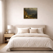 Unframed poster print of Albert Bierstadt's 'Evening In The Mountains' displayed on a wall in a bedroom