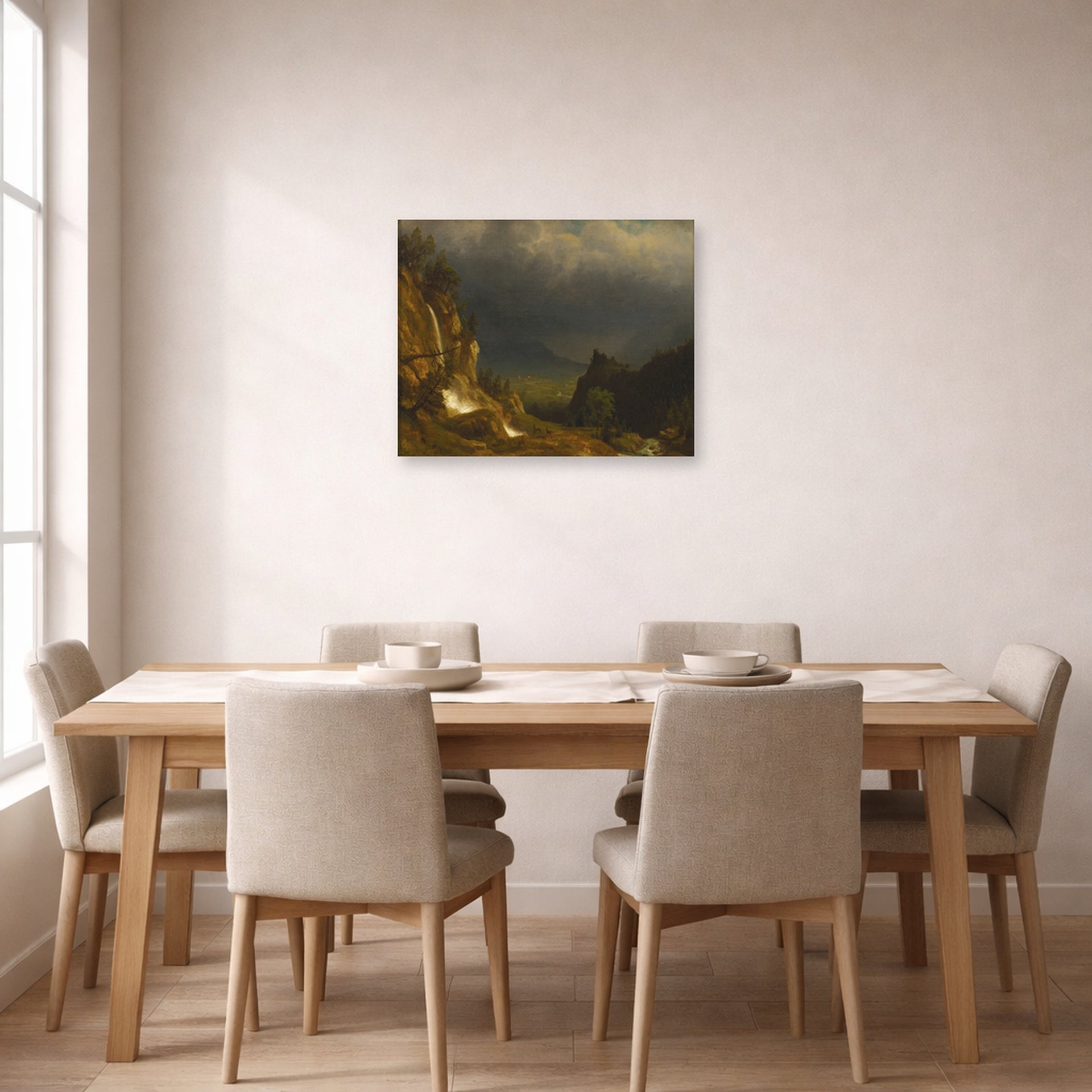 Unframed poster print of Albert Bierstadt's 'Evening In The Mountains' displayed on a wall in a dining room