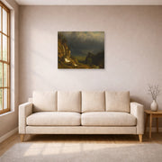 Unframed poster print of Albert Bierstadt's 'Evening In The Mountains' displayed on a wall in a living room