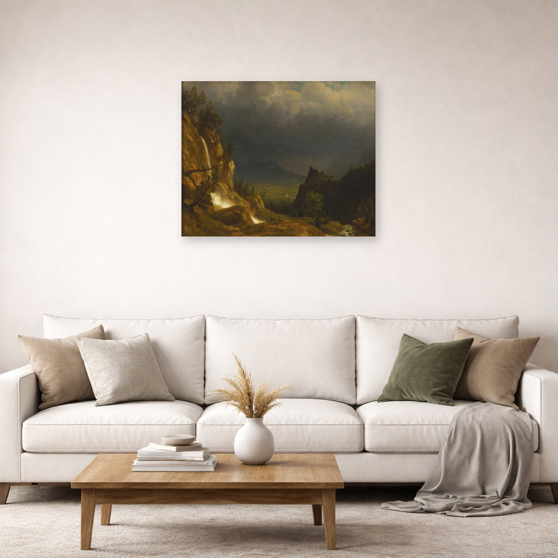 Unframed poster print of Albert Bierstadt's 'Evening In The Mountains' displayed on a wall in a living room