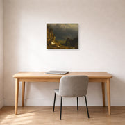 Unframed poster print of Albert Bierstadt's 'Evening In The Mountains' displayed on a wall in a office