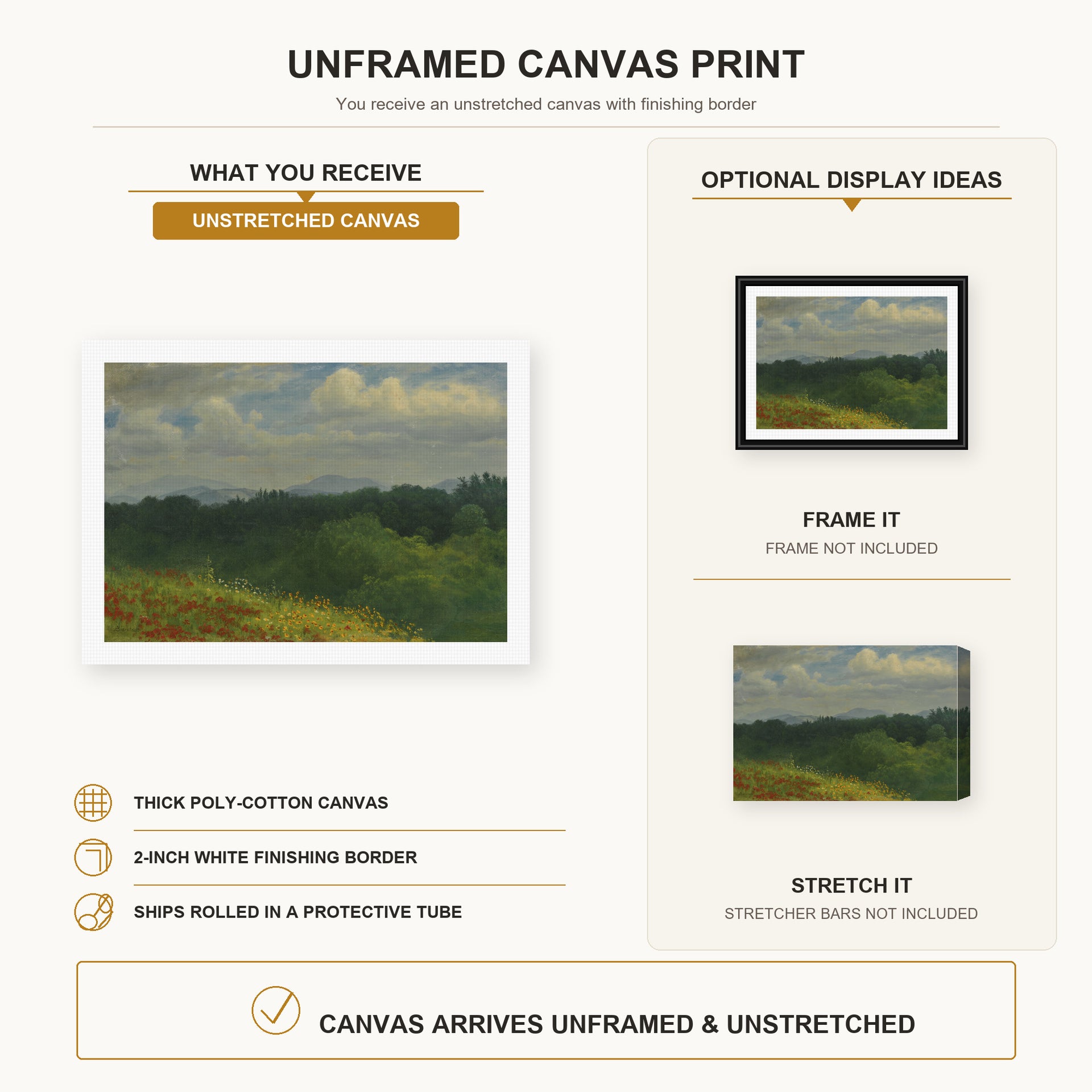 Albert Bierstadt - Field of red and yellow wildflowers canvas print size comparison and framing display infographic