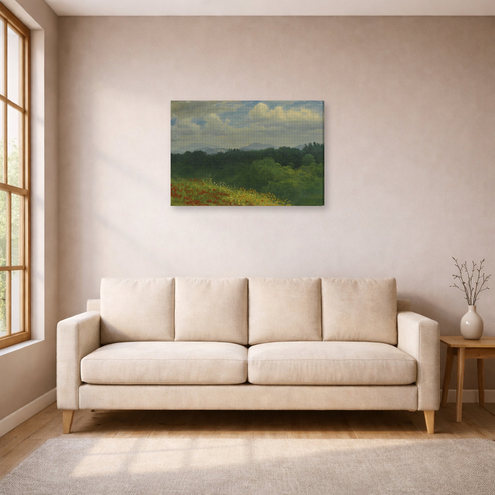 Gallery-wrapped canvas print of Albert Bierstadt's 'Field of red and yellow wildflowers' displayed on a wall in a living room