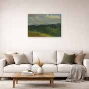 Gallery-wrapped canvas print of Albert Bierstadt's 'Field of red and yellow wildflowers' displayed on a wall in a living room