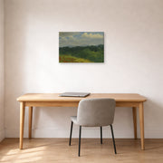 Gallery-wrapped canvas print of Albert Bierstadt's 'Field of red and yellow wildflowers' displayed on a wall in a office