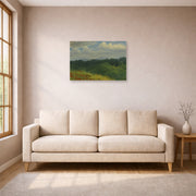Unframed poster print of Albert Bierstadt's 'Field of red and yellow wildflowers' displayed on a wall in a living room