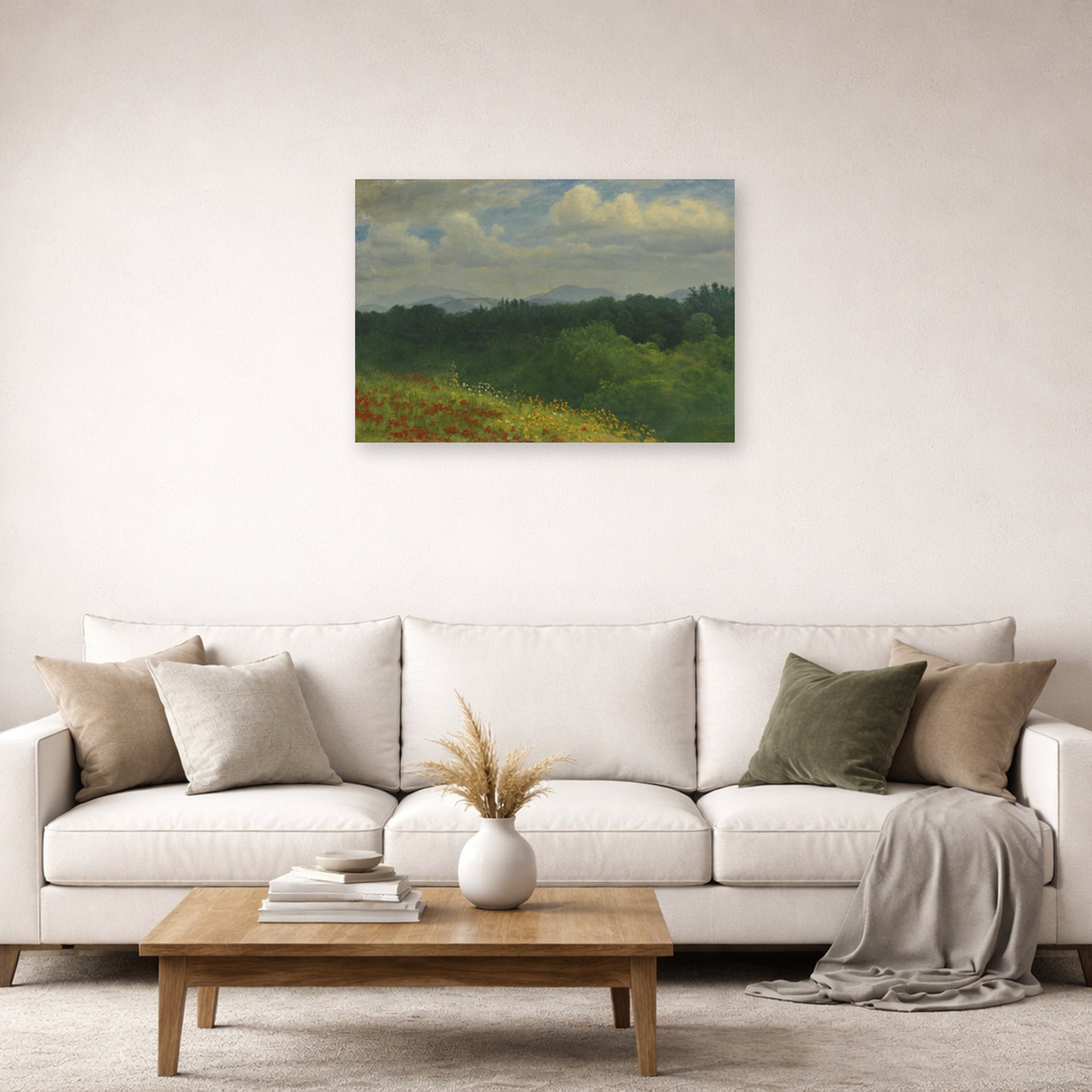 Unframed poster print of Albert Bierstadt's 'Field of red and yellow wildflowers' displayed on a wall in a living room