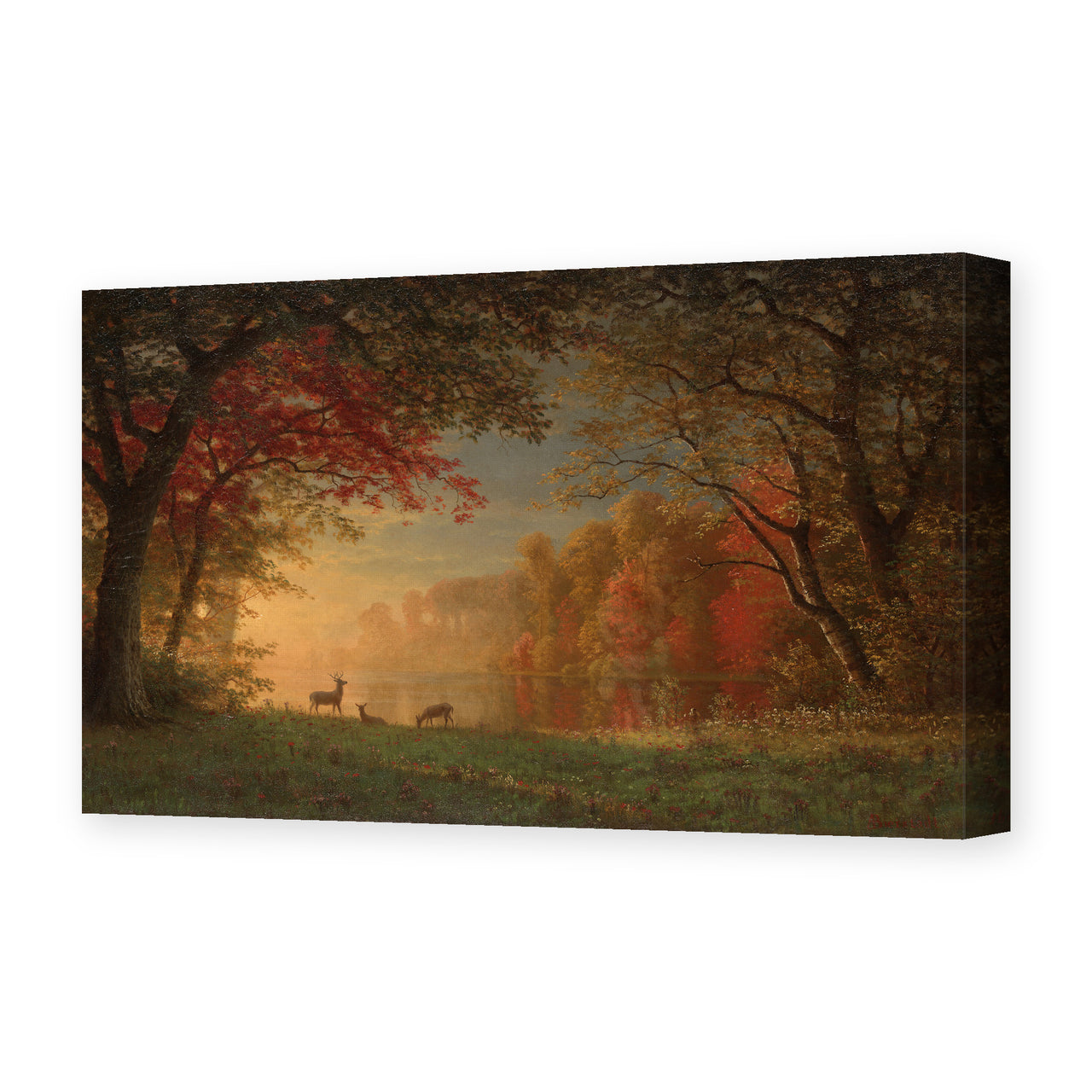 Albert Bierstadt's 'Indian Sunset: Deer by a Lake' painting reproduced as a gallery-wrapped canvas print