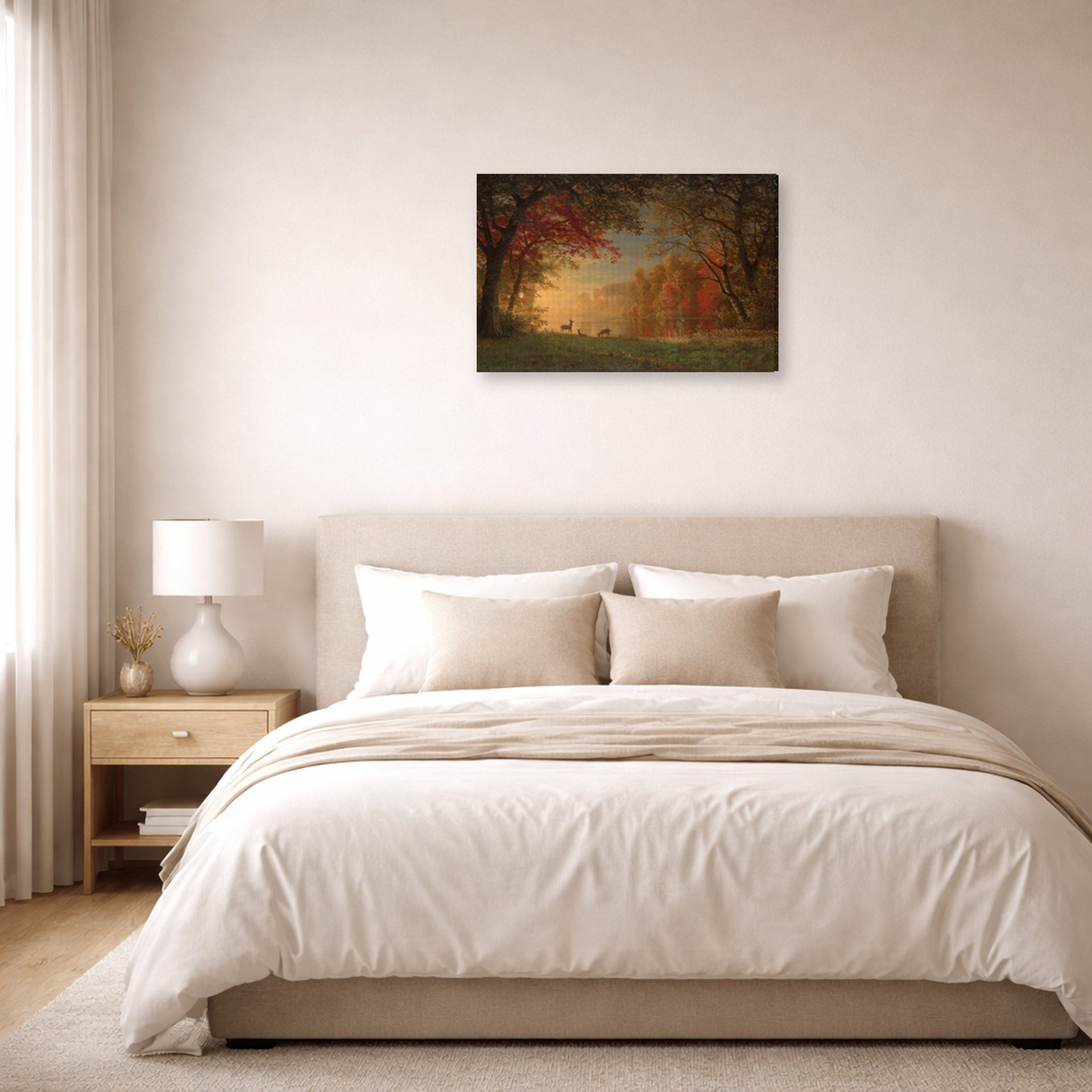 Gallery-wrapped canvas print of Albert Bierstadt's 'Indian Sunset: Deer by a Lake' displayed on a wall in a bedroom