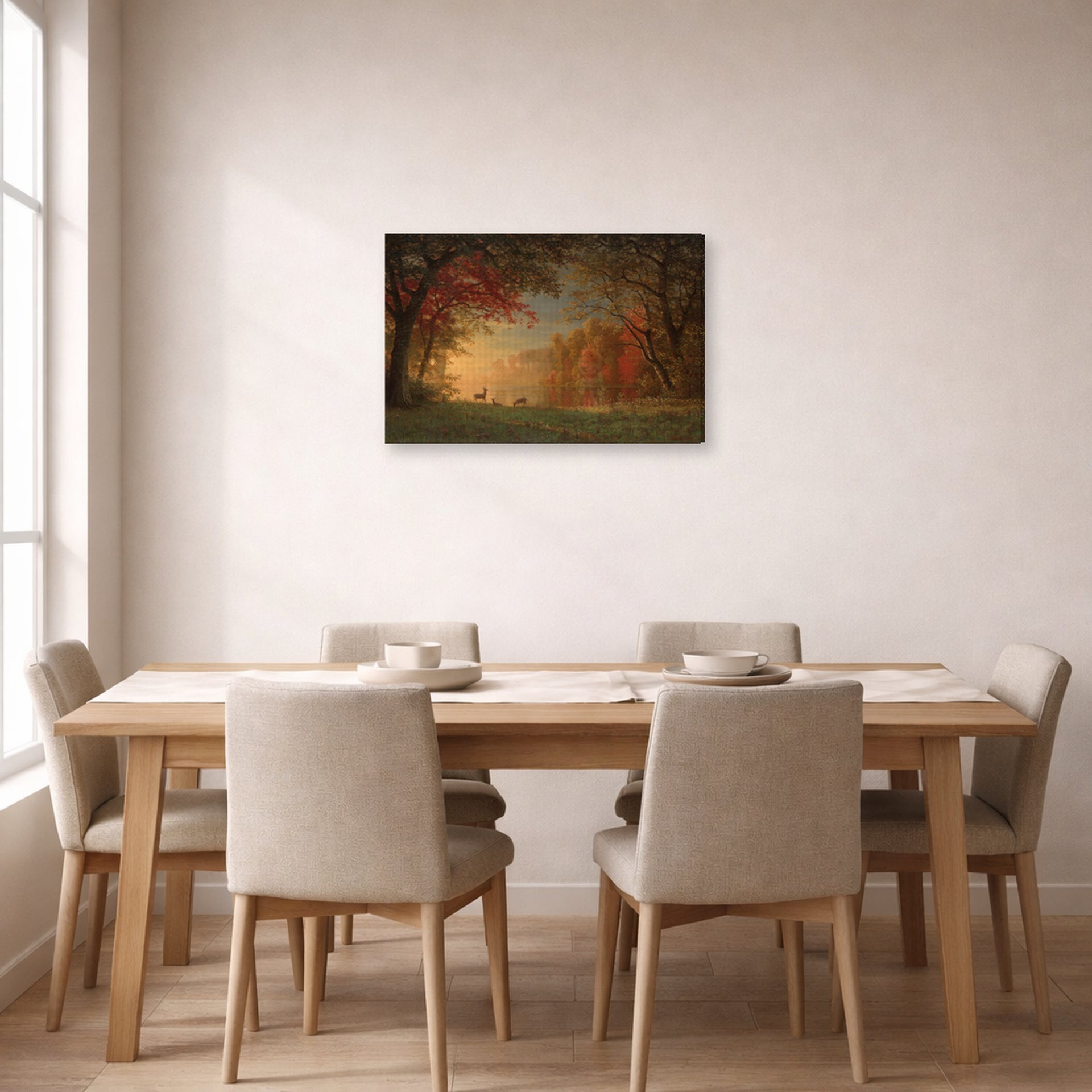 Gallery-wrapped canvas print of Albert Bierstadt's 'Indian Sunset: Deer by a Lake' displayed on a wall in a dining room