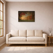 Gallery-wrapped canvas print of Albert Bierstadt's 'Indian Sunset: Deer by a Lake' displayed on a wall in a living room