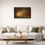Gallery-wrapped canvas print of Albert Bierstadt's 'Indian Sunset: Deer by a Lake' displayed on a wall in a living room