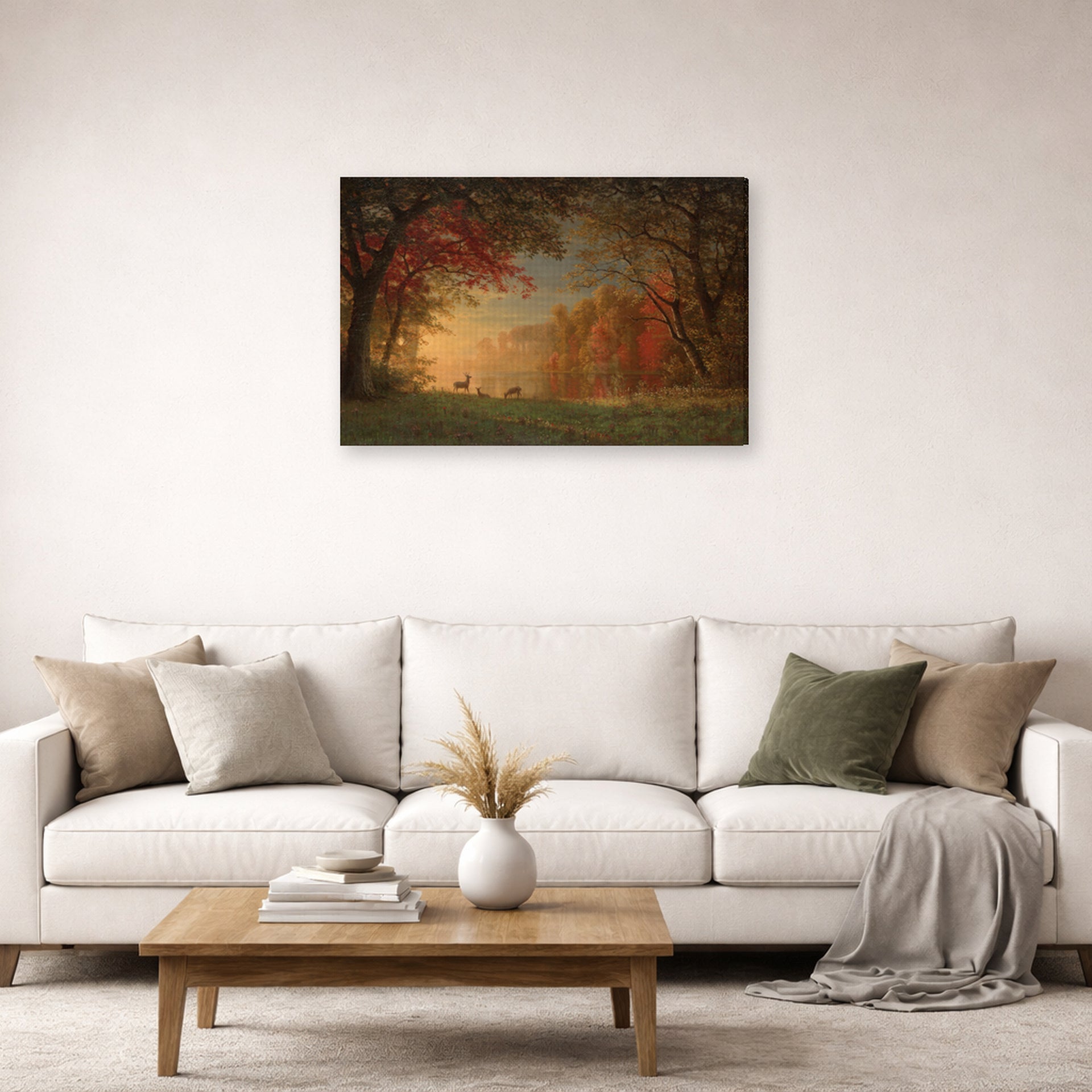 Gallery-wrapped canvas print of Albert Bierstadt's 'Indian Sunset: Deer by a Lake' displayed on a wall in a living room