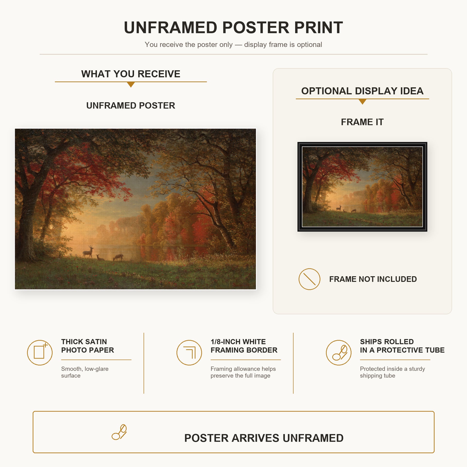 Albert Bierstadt - Indian Sunset: Deer by a Lake poster print size comparison and framing display infographic