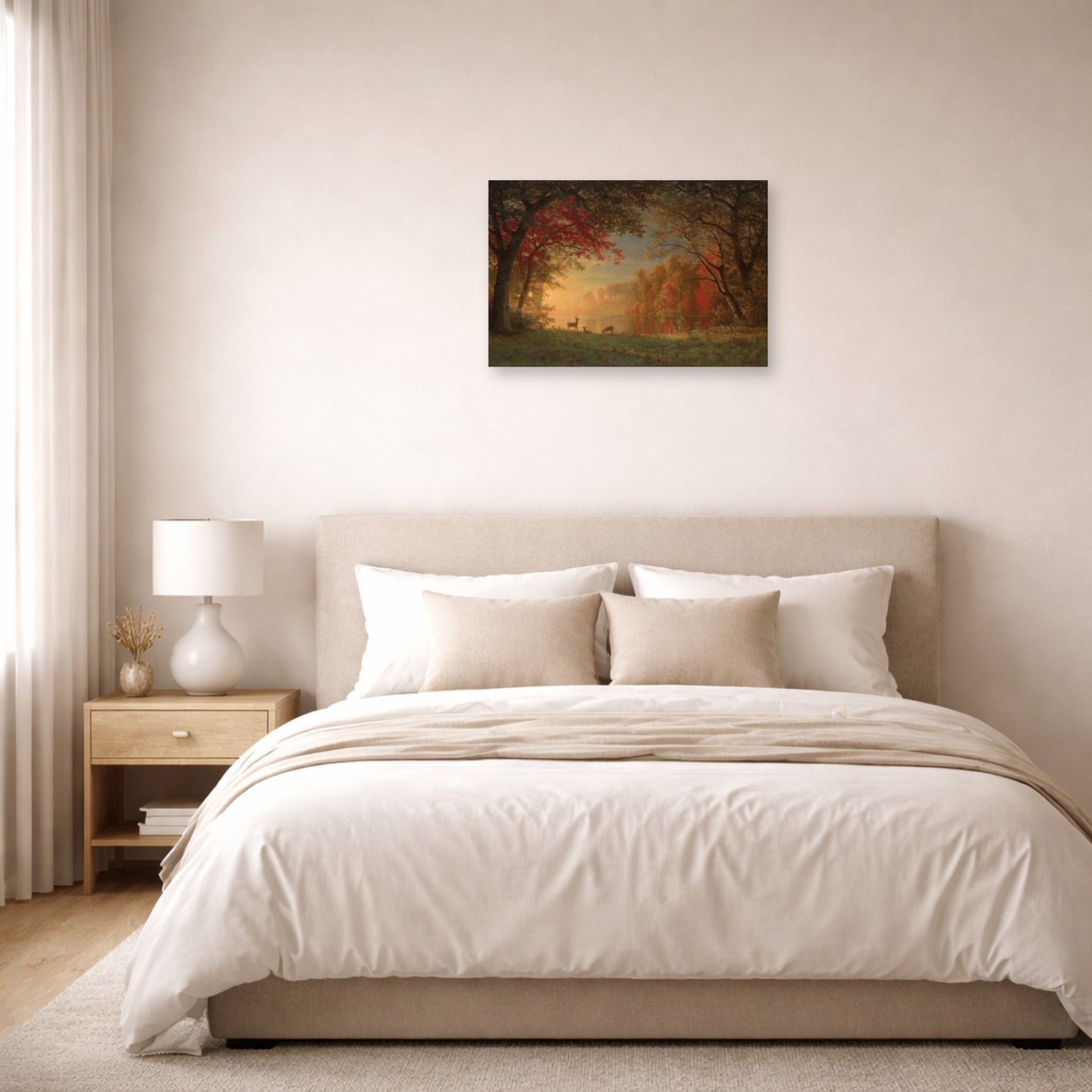 Unframed poster print of Albert Bierstadt's 'Indian Sunset: Deer by a Lake' displayed on a wall in a bedroom