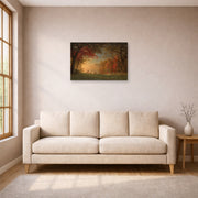 Unframed poster print of Albert Bierstadt's 'Indian Sunset: Deer by a Lake' displayed on a wall in a living room