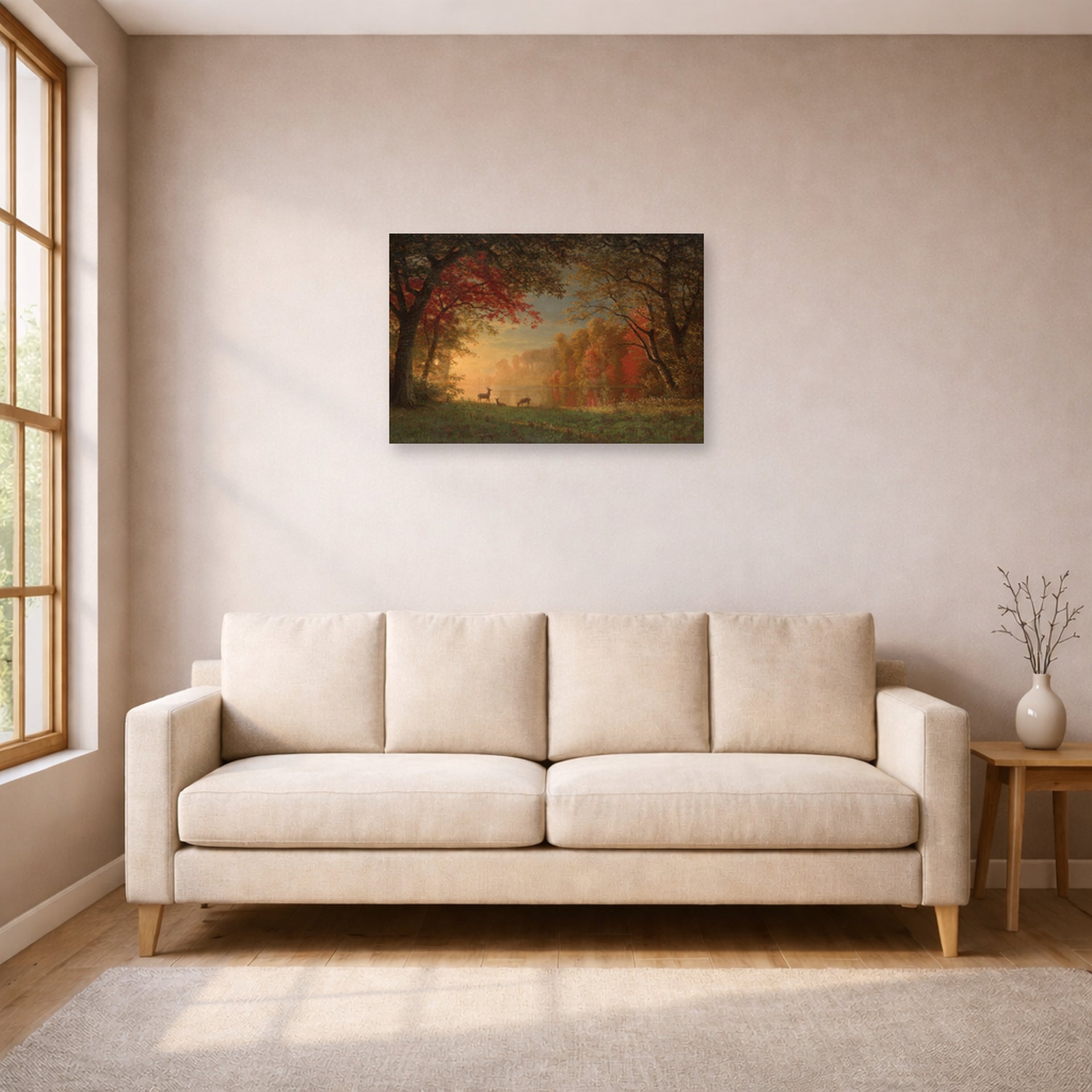 Unframed poster print of Albert Bierstadt's 'Indian Sunset: Deer by a Lake' displayed on a wall in a living room