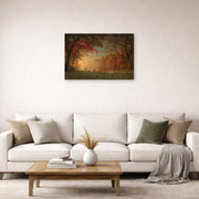 Unframed poster print of Albert Bierstadt's 'Indian Sunset: Deer by a Lake' displayed on a wall in a living room