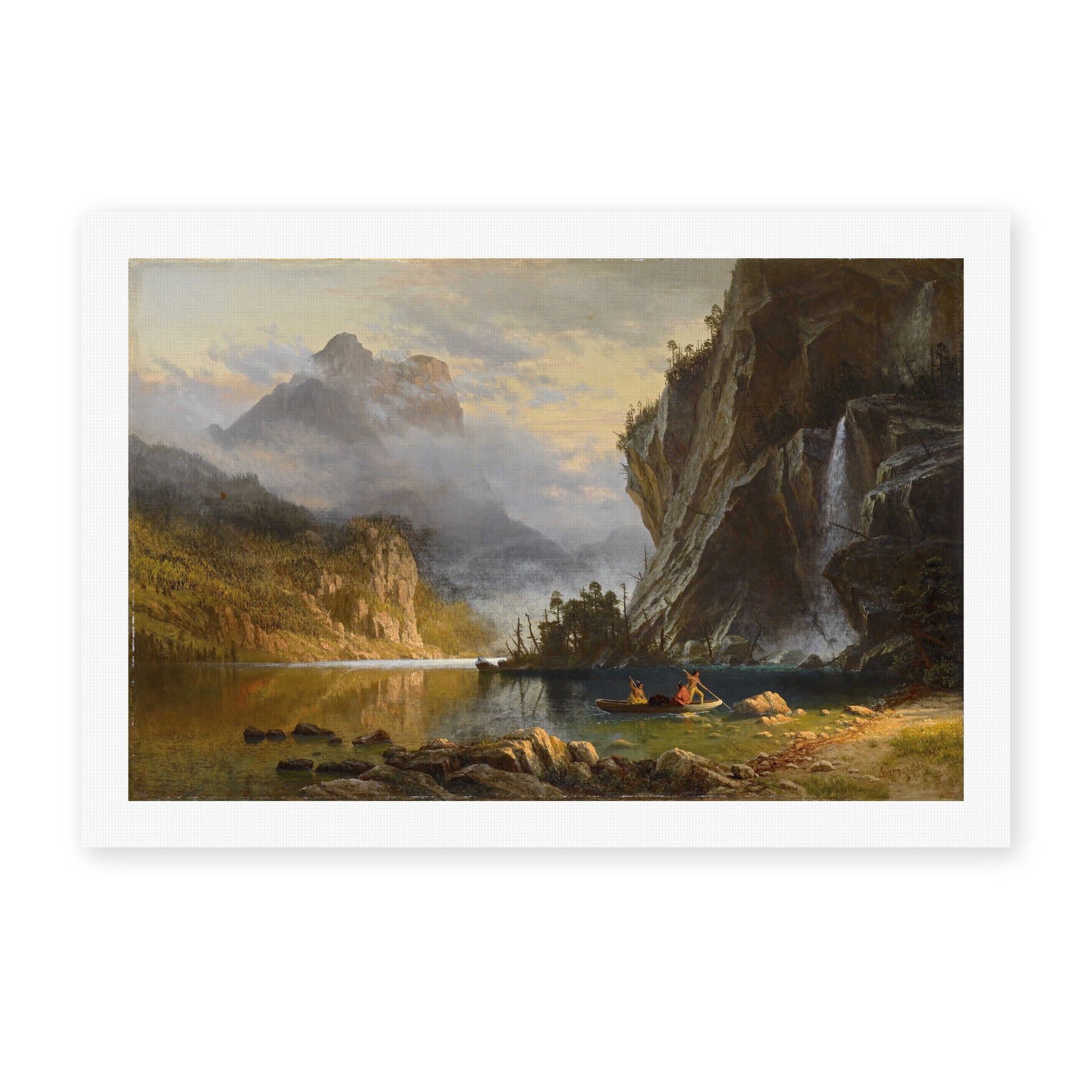 Albert Bierstadt's 'Indians Spear Fishing' painting reproduced as a rolled canvas print