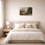 Gallery-wrapped canvas print of Albert Bierstadt's 'Indians Spear Fishing' displayed on a wall in a bedroom