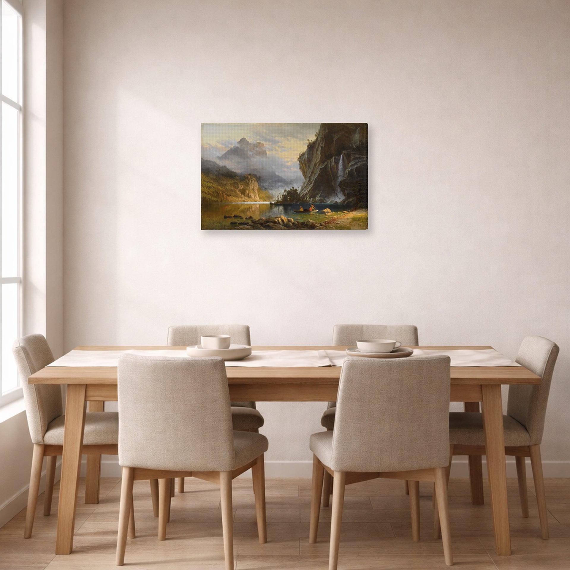 Gallery-wrapped canvas print of Albert Bierstadt's 'Indians Spear Fishing' displayed on a wall in a dining room