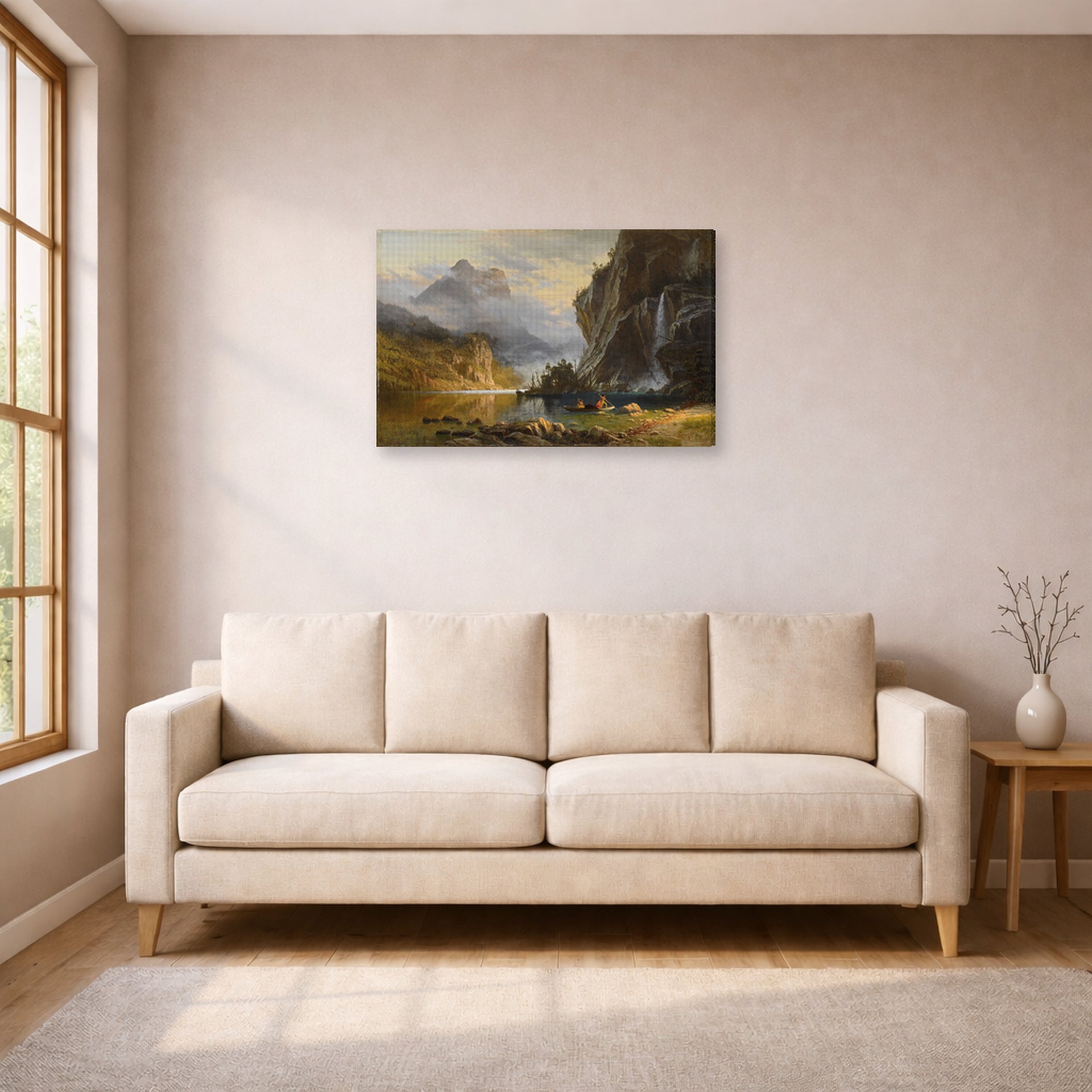 Gallery-wrapped canvas print of Albert Bierstadt's 'Indians Spear Fishing' displayed on a wall in a living room