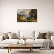 Gallery-wrapped canvas print of Albert Bierstadt's 'Indians Spear Fishing' displayed on a wall in a living room