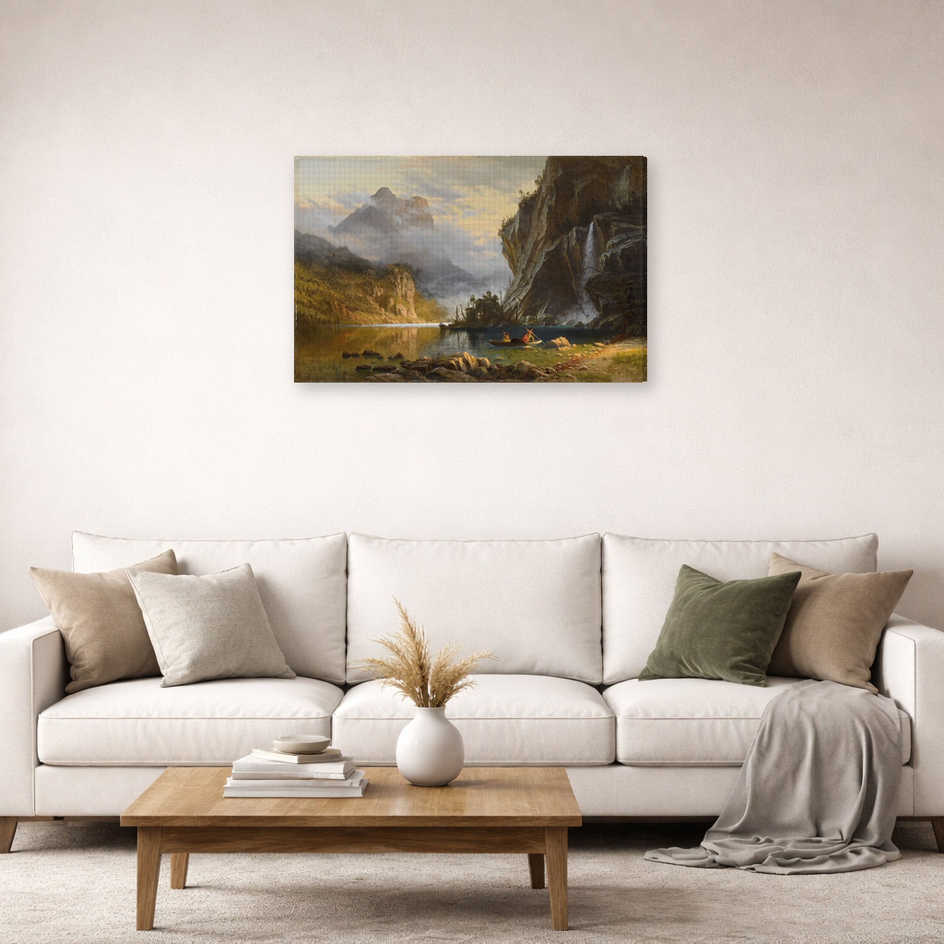 Gallery-wrapped canvas print of Albert Bierstadt's 'Indians Spear Fishing' displayed on a wall in a living room