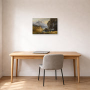 Gallery-wrapped canvas print of Albert Bierstadt's 'Indians Spear Fishing' displayed on a wall in a office