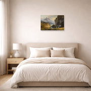 Unframed poster print of Albert Bierstadt's 'Indians Spear Fishing' displayed on a wall in a bedroom