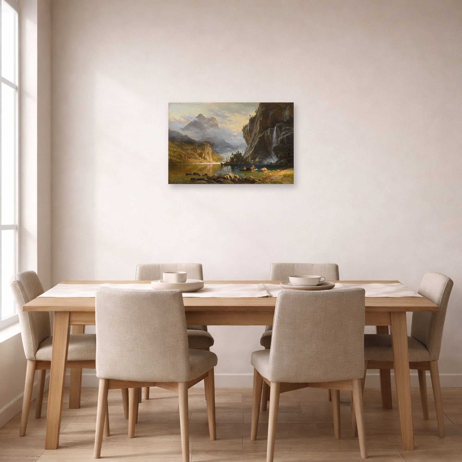 Unframed poster print of Albert Bierstadt's 'Indians Spear Fishing' displayed on a wall in a dining room