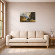 Unframed poster print of Albert Bierstadt's 'Indians Spear Fishing' displayed on a wall in a living room