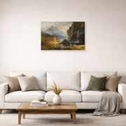 Unframed poster print of Albert Bierstadt's 'Indians Spear Fishing' displayed on a wall in a living room