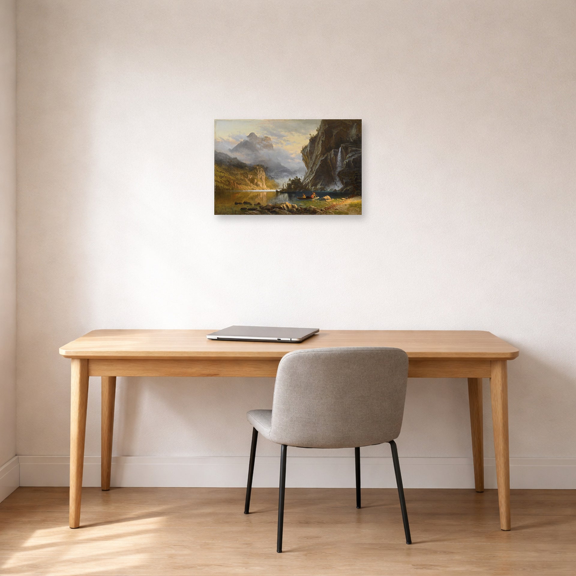Unframed poster print of Albert Bierstadt's 'Indians Spear Fishing' displayed on a wall in a office